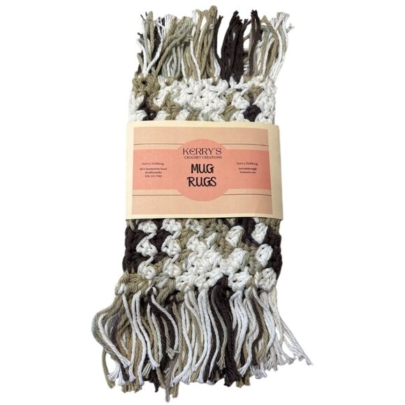 Handmade Crochet Mug Rugs Cotton Set of 2 Brown Beige White 4 x 6" without Fring - Picture 1 of 6